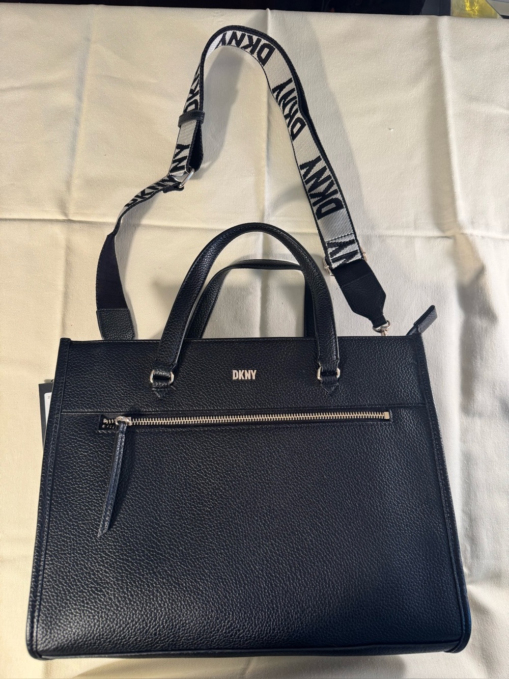 DKNY Black Pebbled Leather Satchel with Logo Webbing Strap